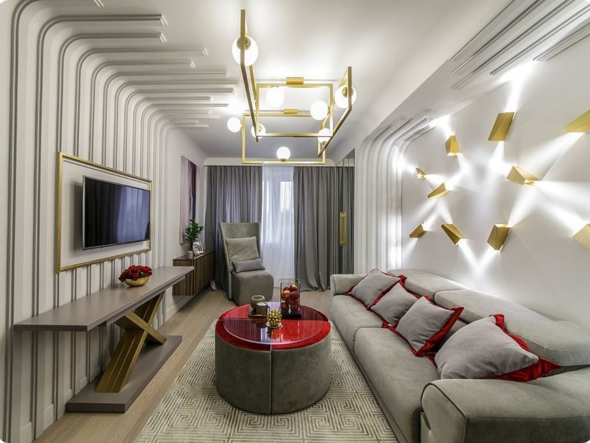 Дизайн гостиной комнаты прямоугольной формы