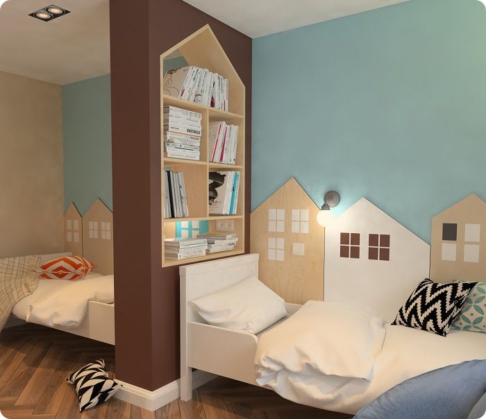 Детская комната для двух детишек в коричнево-голубых тонах.