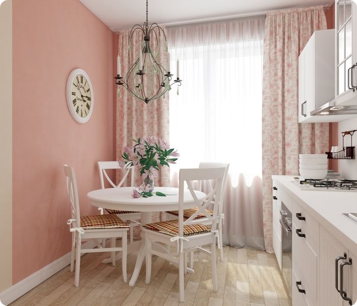 Розовые стены на кухне.