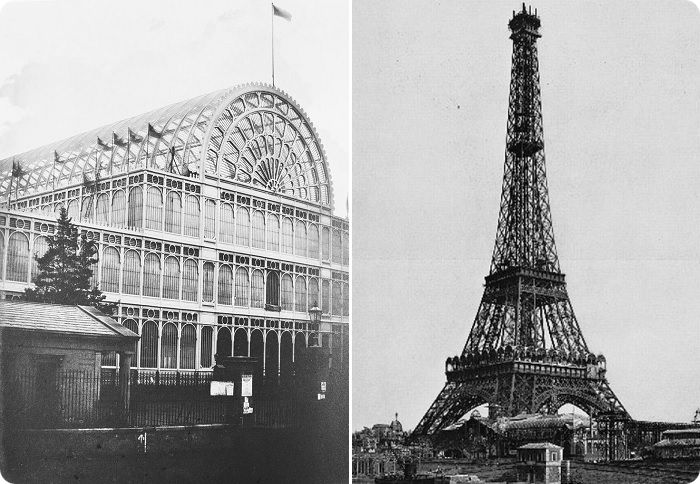 Павильон Лондонской Всемирной выставки (1851 год) и Эйфелева башня (1989 год).
