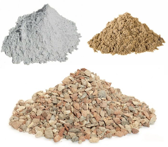 Цемент, песок и щебень – составляющие бетона.